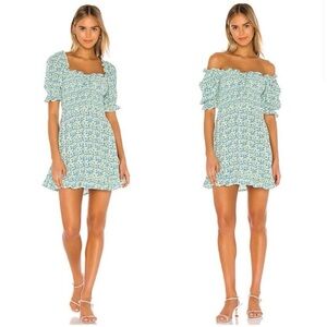 Faithfull The Brand Donna Smocked Ruffle Tilde Floral Dress in Blue Green White